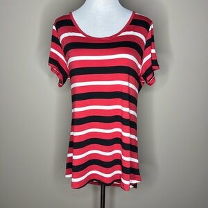 LuLaRoe Classic T womens short sleeved top red, black, and white striped size L.